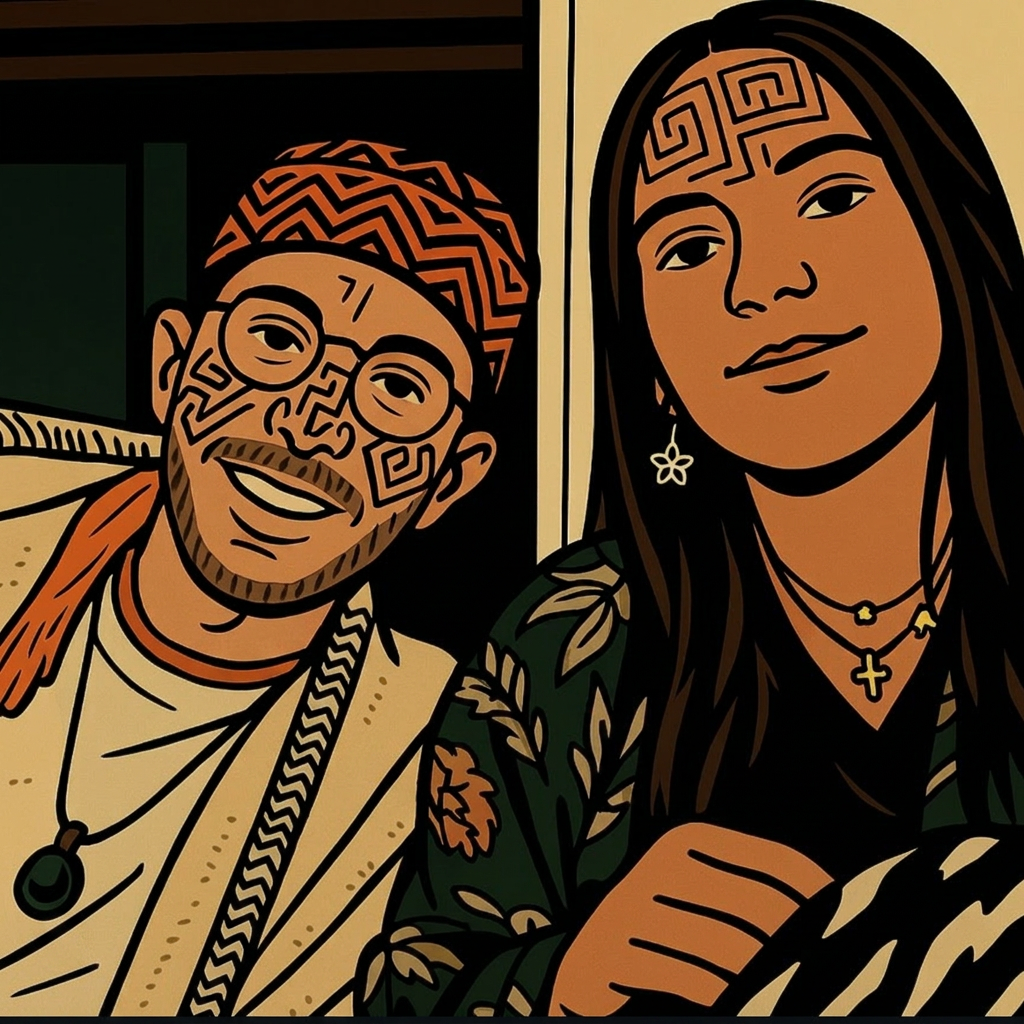Illustratie van Odin en Paloma, ceremoniebegeleiders bij Aya Odin